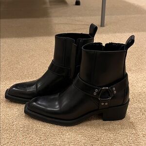 Black Faux Leather Square toe Ankle Boots with metal details